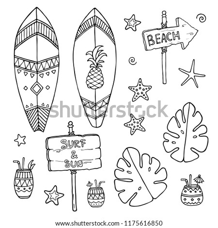 Hand drawn summer surf set with beach elements. Vector illustration.