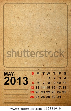 2013 Calendar, May on empty old paper