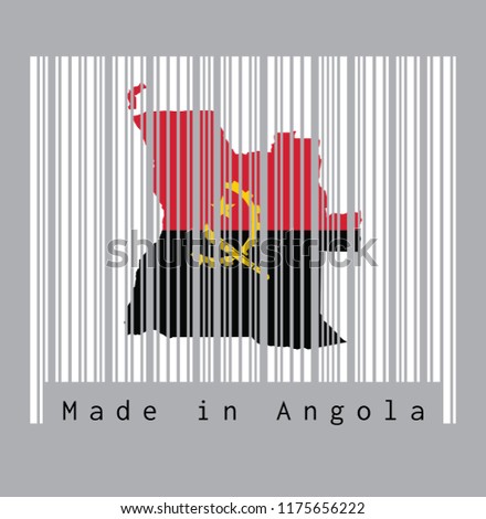 Barcode set the shape to Angola map outline and the color of Angola flag on white barcode with grey background, text: Made in Angola. concept of sale or business.