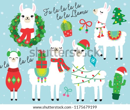 Cute llama and alpaca with Christmas holidays theme vector illustration. Llama wearing Santa hat and sweater, carrying Christmas gifts. Llama with Christmas wreath and light. Cactus with Santa hat.
