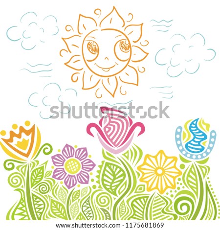Cute cartoon sun clouds and beautiful flowers. Vector illustration