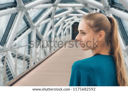a woman stands on a bridge inside a glass tunnel
