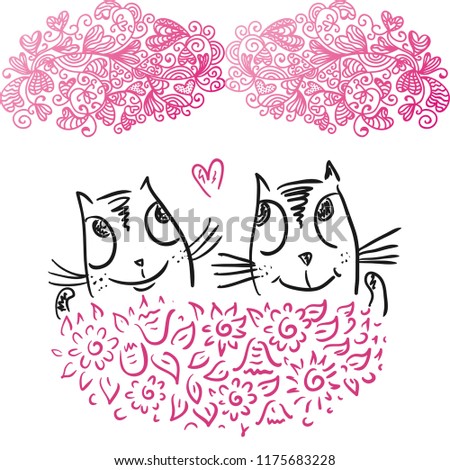 Cute cartoon cat pair love heart. Vector illustration