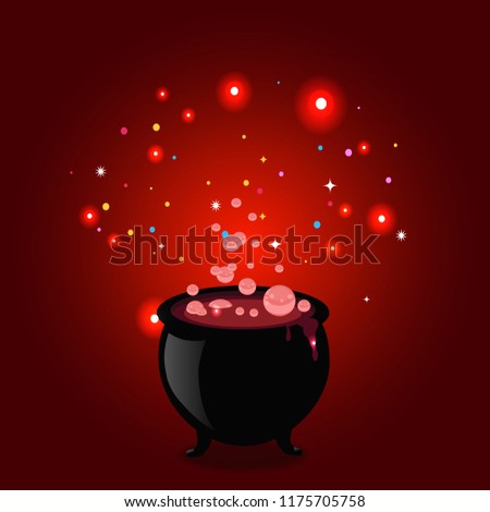 Black witch pot cauldron with boiling potion, glowing sparkles and bubbles on red background. Halloween vector illustration, greeting card, icon, witch symbol. Design element for invitation, flyer.