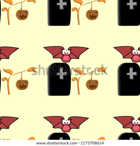 Cute bat, cemetery, and pumpkin seamless pattern for halloween theme background vector. Trendy cartoon for kids and children fashion textile print and wrapping.