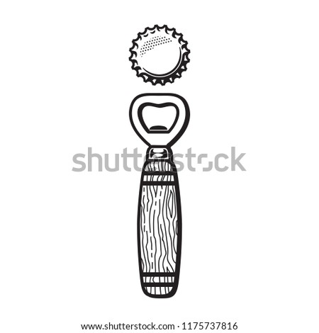 Bottle opener and beer cap. Black and white isolated vector illustration.