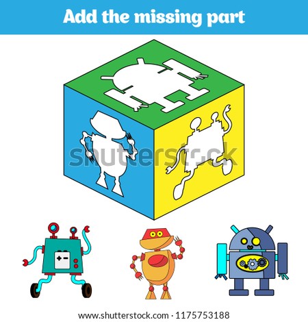 Puzzle game. Visual Educational Game for children. Task: find the missing parts. Worksheet for preschool kids. Vector illustration.