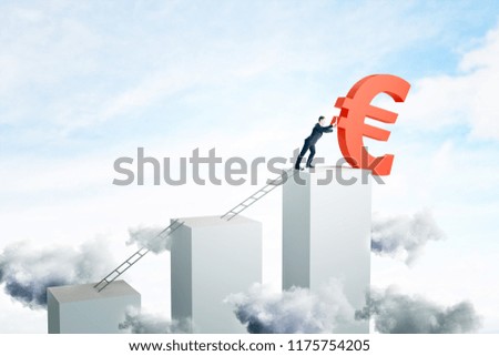 Businessman pushing euro sign off white stairs. Sky background. Success and money concept.