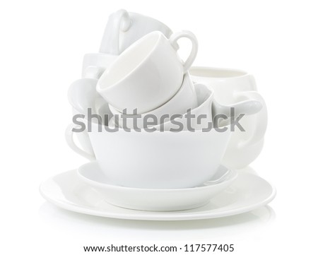 clean dishes and cups isolated on white background