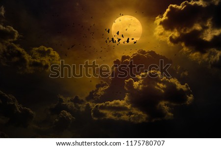Dramatic mystical background - glowing full moon rises, flock of crows flies in dark sky. Elements of this image furnished by NASA