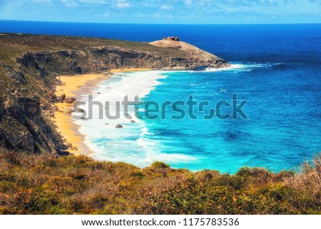 Colorful coastline near Admiral Arch, Flinders Chase National Park, with a view of the Remarkable Rocks, Kangaroo Island, Southern Australia