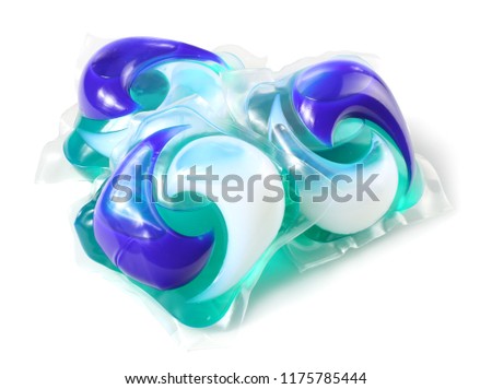 Washing detergent capsule pod isolated on white background