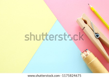 chool or office supplies, back to school over pastel background template