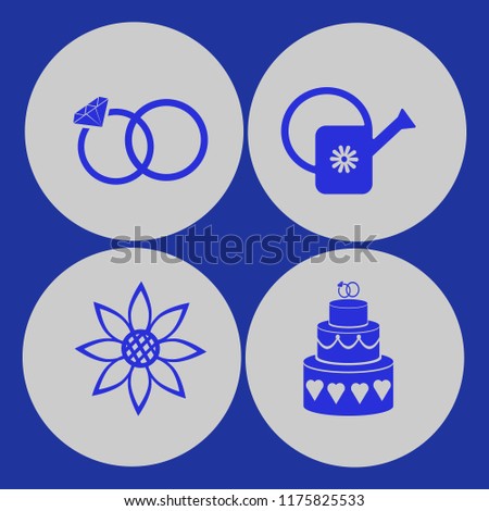 Flower vector icons set. with sunflower, wedding rings, cake wedding and watering can in set