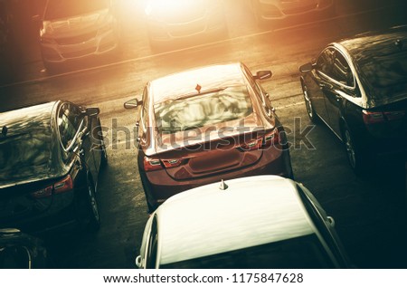 Automotive Industry Concept. Brand New Vehicles For Sale. Dealership Vehicles Lot at Sunset. New Cars Awaiting Clients.