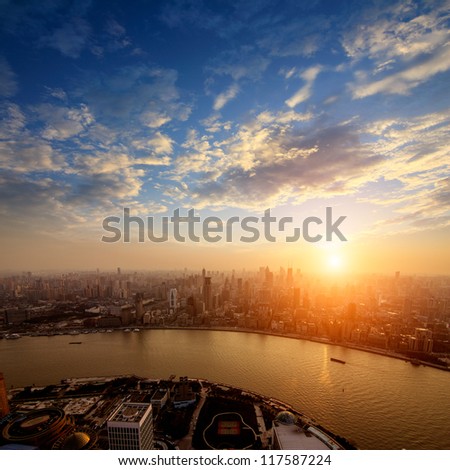 Pudong skyline at sunset, Shanghai, China