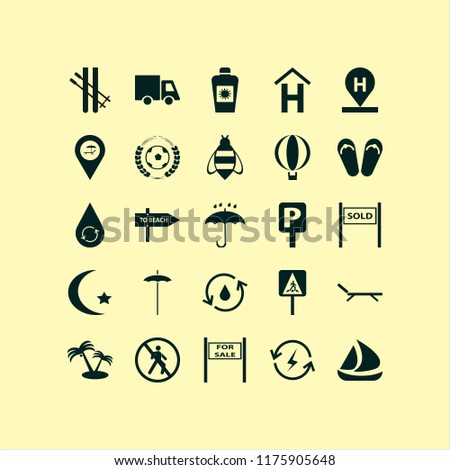 sky vector icons set. with sun oil, islam symbol, umbrella and hydraulic energy in set