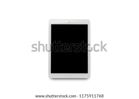 White tablet on white isolated background. Flat lay, top view.