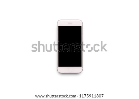 White mobile phone on white isolated background. Flat lay, top v Royalty-Free Stock Photo #1175911807