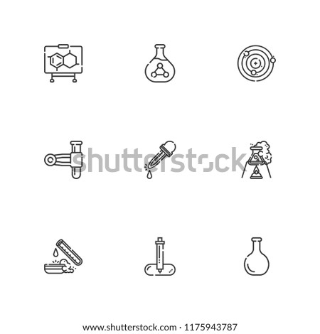 Collection of 9 scientific outline icons include icons such as test tube, flask, formula, pipette, eyedropper