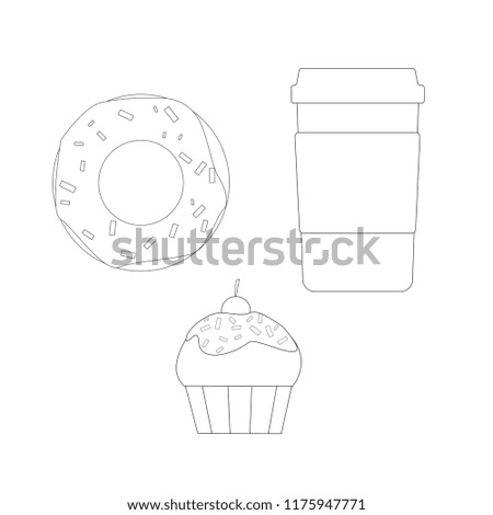 Donut and muffin with a glass of coffee on a white background.