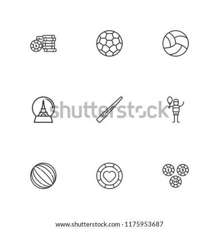 Collection of 9 recreational outline icons include icons such as casino chip, tennis court, soccer ball, cue, volleyball