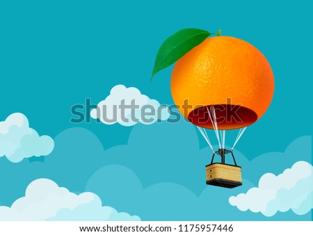3D orange hot air  balloon floating in the blue sky and cloudy  Royalty-Free Stock Photo #1175957446