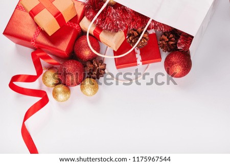 Christmas decorations and presents isolated on white background with copy space. Holidays discounts and shopping concept.