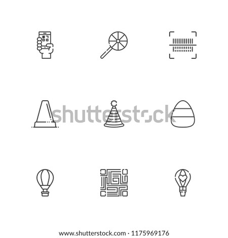 Collection of 9 striped outline icons include icons such as bar code, cone, hot air balloon, party hat, lollipop, qr code