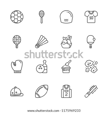 Collection of 16 ball outline icons include icons such as rattle, baseball glove, basketball jersey, bowling, football jersey, ping pong, polo, swimming, tennis racket