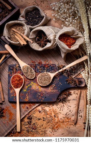 Colorful various spices and herbs in wood spoon on natural texture burned wood plate.