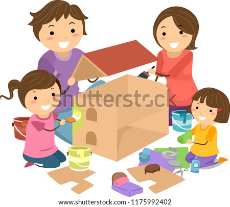 Illustration of Stickman Family with Kid Girls Making a Doll House from Cardboard and Paint