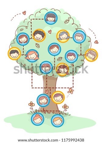 Illustration of Stickman Faces of Kids, Parents, Grandparents as Part of Family Tree