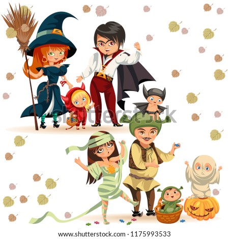 Happy family in Halloween costumes poster vector illustration. Cartoon funny children and parents in various dresses celebrating together All Saints Eve. Horror party concept. Isolated on white.
