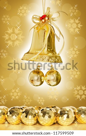 gold bell and ball isolated snowflake pattern background