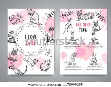 Cards with cat breeds. Cats lovers club illustration Cute kitten sketch I love cats text template banners for poster, invitation, flyer, party, brochure