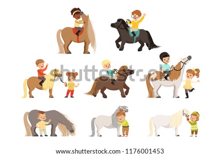 Cute little children riding ponies and taking care of their horses set, equestrian sport, vector Illustrations
