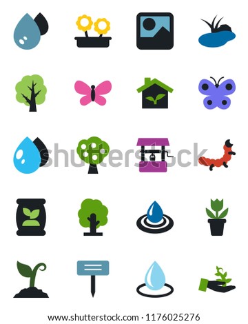 Color and black flat icon set - flower in pot vector, tree, sproute, butterfly, water drop, well, plant label, caterpillar, pond, fertilizer, gallery, fruit, eco house, palm