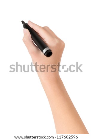 Female hand is ready for drawing with black marker. Isolated on white. Royalty-Free Stock Photo #117602596