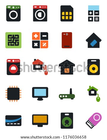 Color and black flat icon set - washer vector, calculator, monitor, speaker, phone back, sim, smart home, credit card, control, chip, router, usb flash