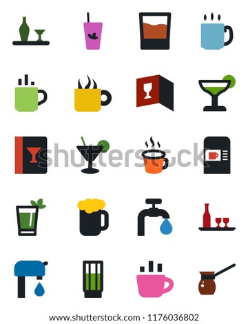Color and black flat icon set - hot cup vector, coffee machine, water supply, alcohol, wine card, drink, cocktail, phyto bar, beer, turkish