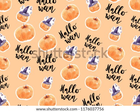 Halloween watercolor pattern background. Hand drawn illustration of pumpkin, witch hat and spider holiday design elements for modern print card, sale banner, party invitation. 