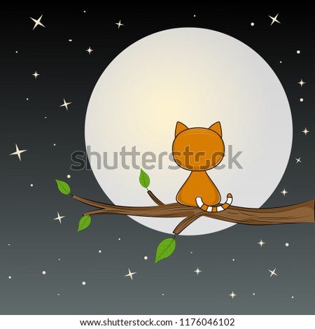 Cute cat is sitting on the tree and looks at the moon. Sweet kids graphics for t-shirts. Greeting card.