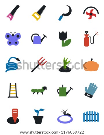 Color and black flat icon set - farm fork vector, ripper, ladder, seedling, watering can, sproute, glove, saw, butterfly, hose, sickle, plant label, pumpkin, caterpillar, pond, garden sprayer, tulip