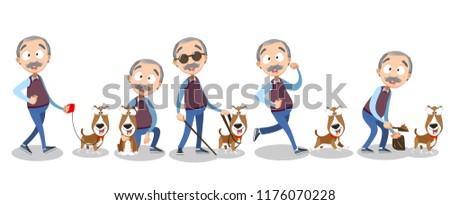 Vector cartoon illustration of senior elder male character walking with a dog. Caring for a four-footed friend. Vector illustration in cartoon flat style, isolated on a white background.
