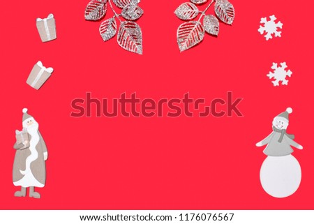 Santa Claus and snowman with gifts and snowflakes in front of a red background