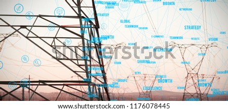 Image of a circle with words against the evening electricity pylon silhouette