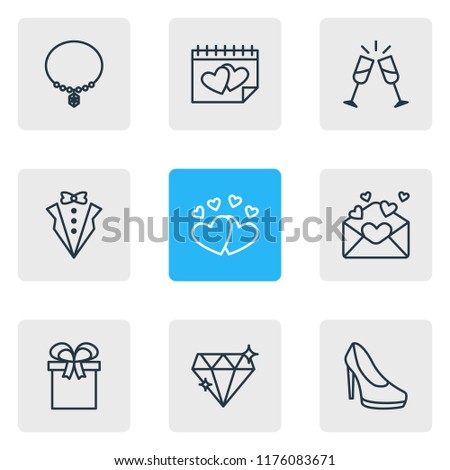 Vector illustration of 9 marriage icons line style. Editable set of champagne, hearts, necklace and other icon elements.