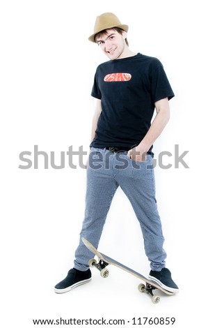 Emotional teenager with skate isolated on white background