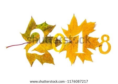 Autumn figures. 2018 lined with beautiful yellow maple leaves in which the figures are carved. Isolated over white background
